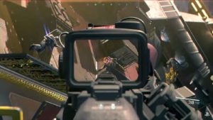 A view through a gun scope pointed at a combatant floating in space.