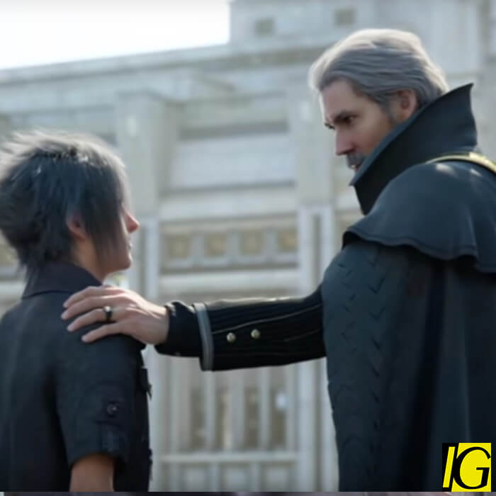 King Regis from Final Fantasy XV, clad in a black cloak with his hand resting on his son, Noctis', shoulder.