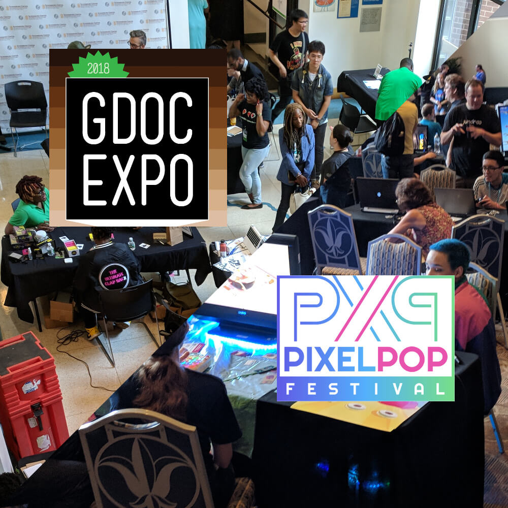 A square image, divided diagonally through the middle: the upper-half shows a crowd from Game Devs of Color Expo, along with a square logo that reads "2018 GDOC Expo." The bottom-half shows a crowd from PixelPop Festival, alongside a white, rectangular logo reading "PixelPop Festival."