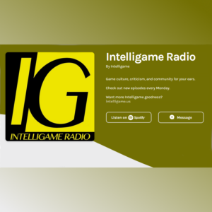 A splash page for the Intelligame Radio podcast, featuring a large black-and-yellow square with the letters "IG" in capitals.