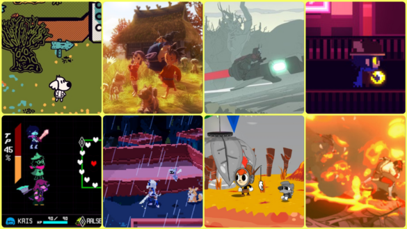A collage of game screenshots from Chicory, Sakuna, Sable, OneShot, Deltarune, Unsighted, Rainbow Billy, and Hades.